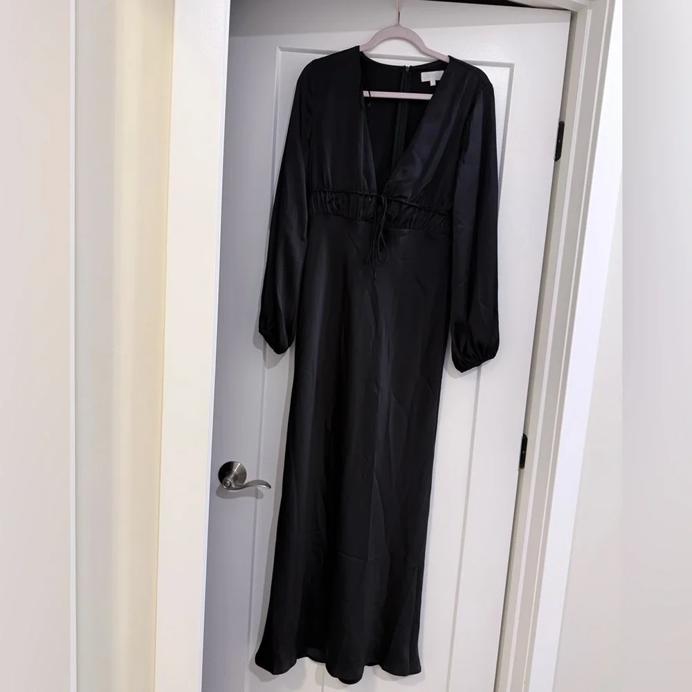 Billy J Amara Black Satin Maxi Dress Long Sleeve AU 12 US 8-10 - Picture 3 of 5
